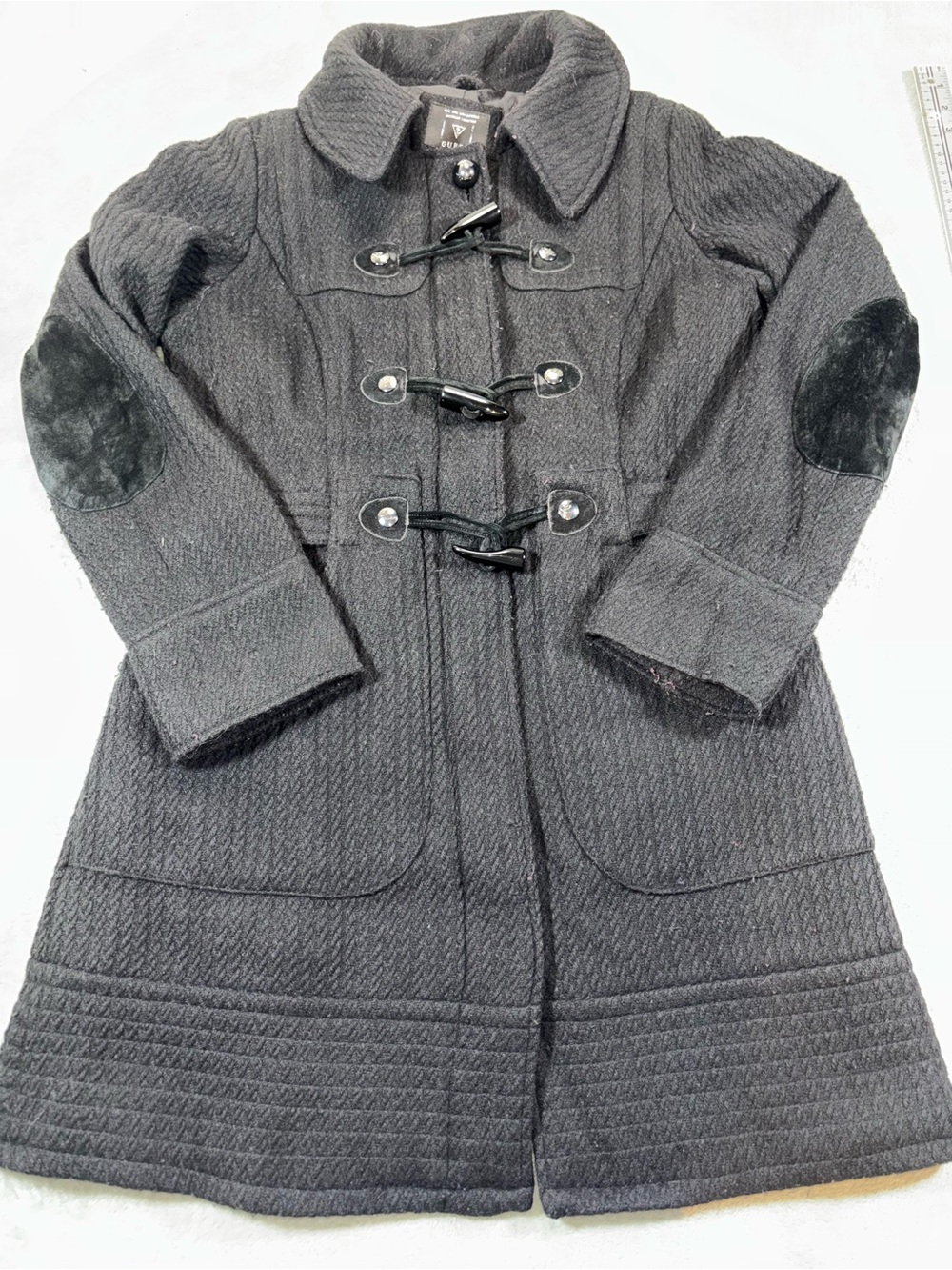 GUESS Charcoal Grey Wool Blend Toggle Duffle Coat with Elbow Patches - Size M